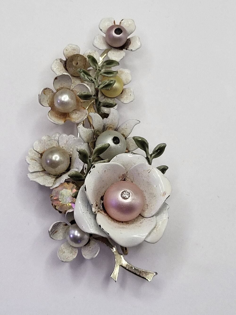 Vintage Coro White Enamel Flower Brooch Duette Clip Faux Pearl 1950s